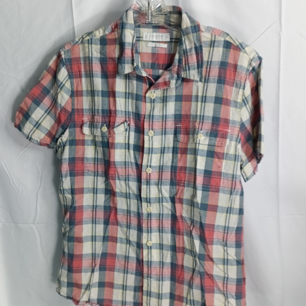 Lucky Brand Mens Medium Untucked Fit Short Sleeve Plaid Button Down Shirt